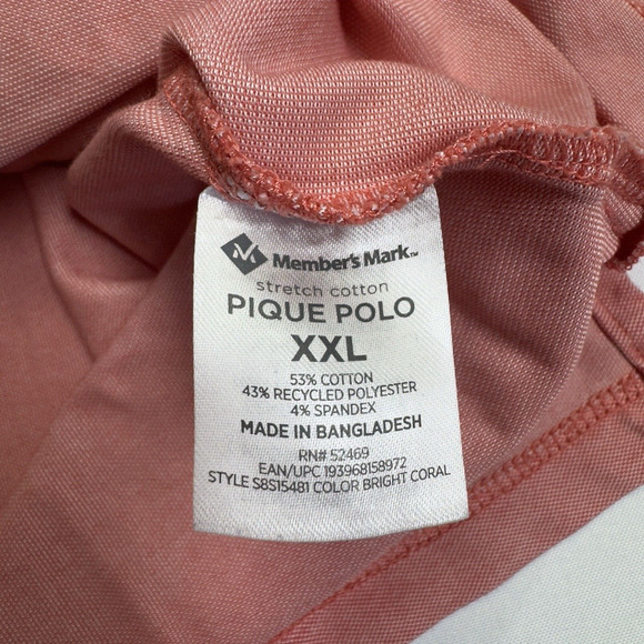 Member's Mark Men's Short Sleeve Stetch Cotton Pique Polo XXL Coral - Picture 5 of 6